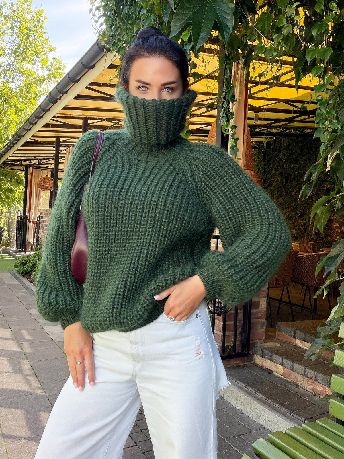 Mohair cable knit khaki sweater large turtleneck Hand knit fluffy chunky high collar oversized big wool pullover