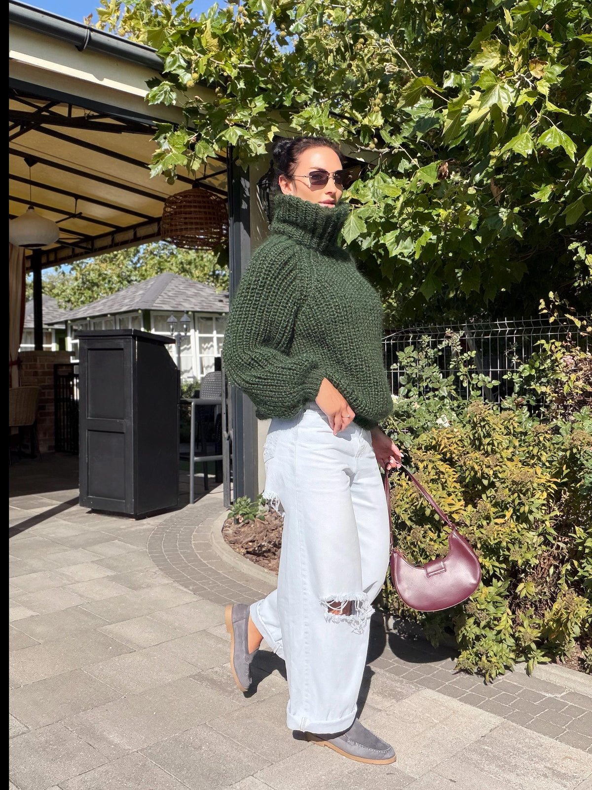 Mohair cable knit khaki sweater large turtleneck Hand knit fluffy chunky high collar oversized big wool pullover