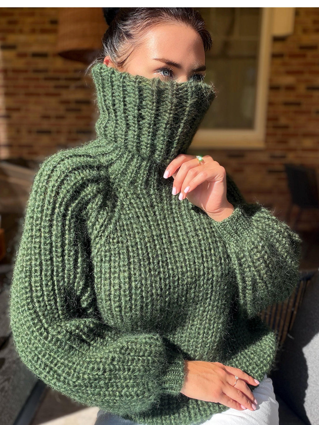 Mohair cable knit khaki sweater large turtleneck Hand knit fluffy chunky high collar oversized big wool pullover