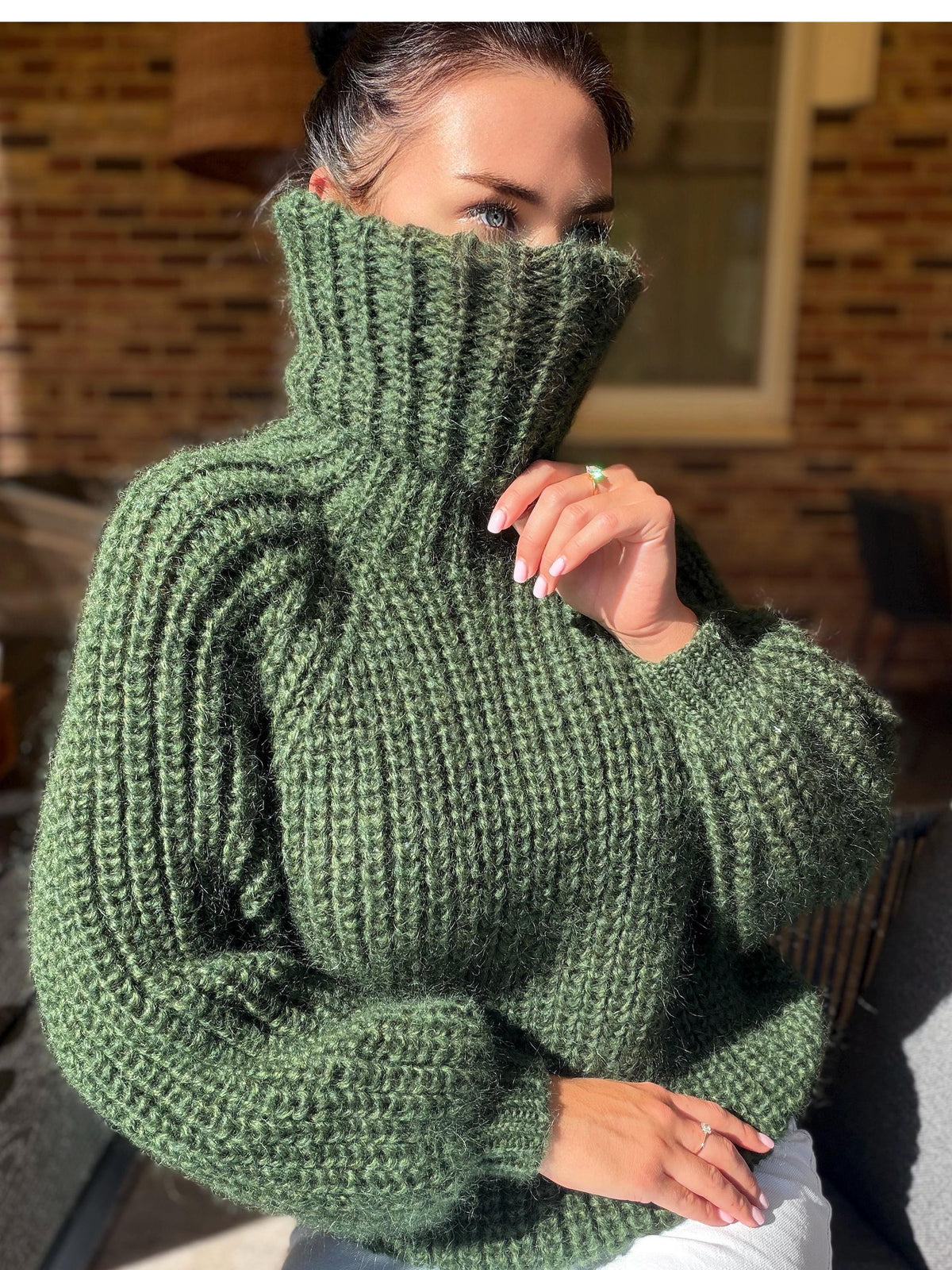 Mohair cable knit khaki sweater large turtleneck Hand knit fluffy chunky high collar oversized big wool pullover