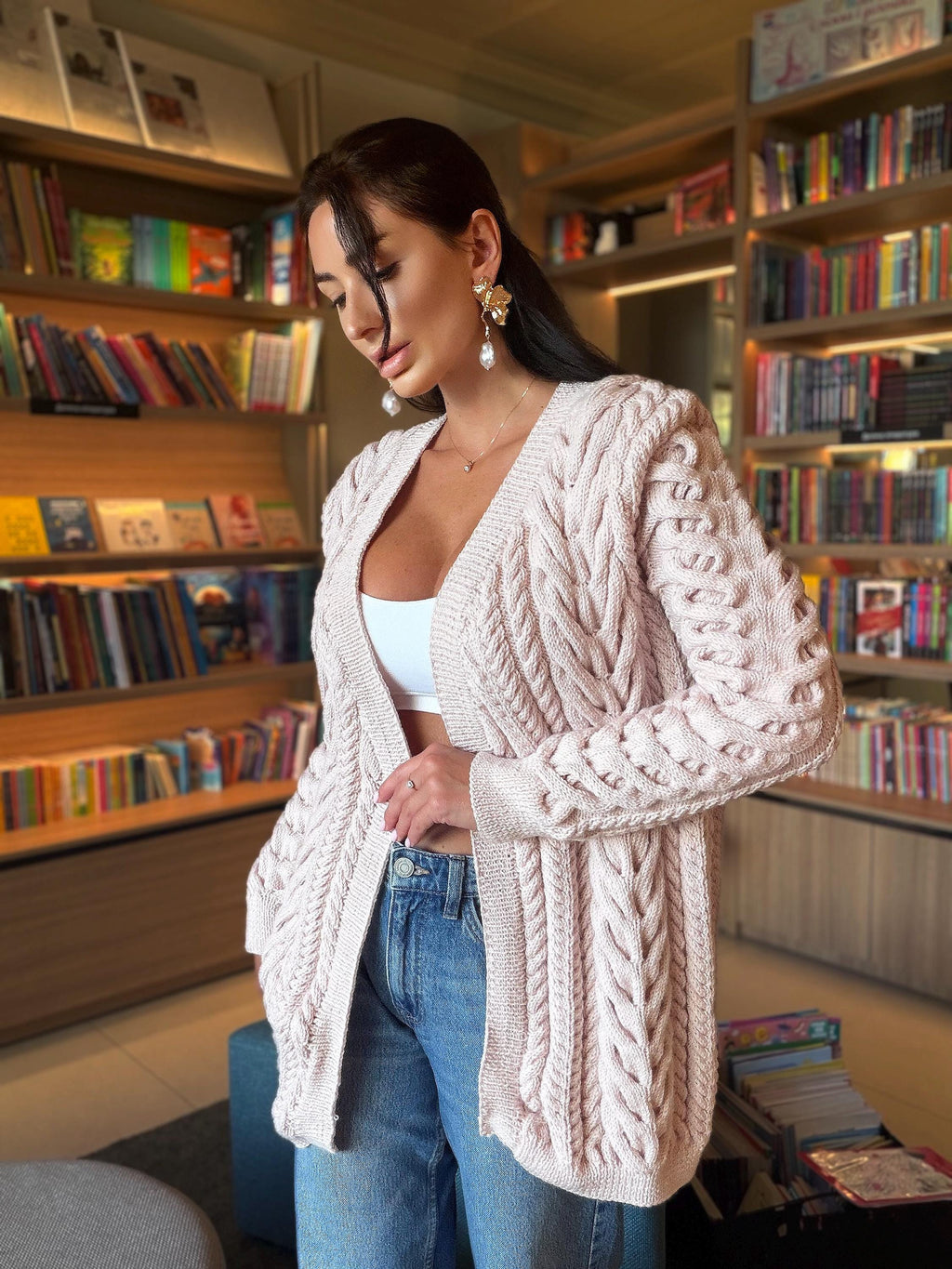 Aran wool powdery pastel cable hand knit сardigan women Chunky sweater cardigan Knitted jacket Cable knit cardigan