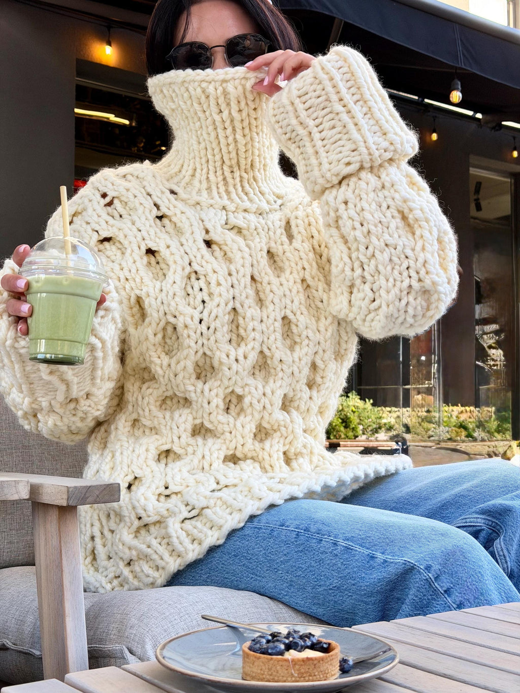 Large chunky hand knit alpaca sweater turtleneck Oversized wool pastel pullover Cozy winter warm cable knitted jumper Fall fashion clothing