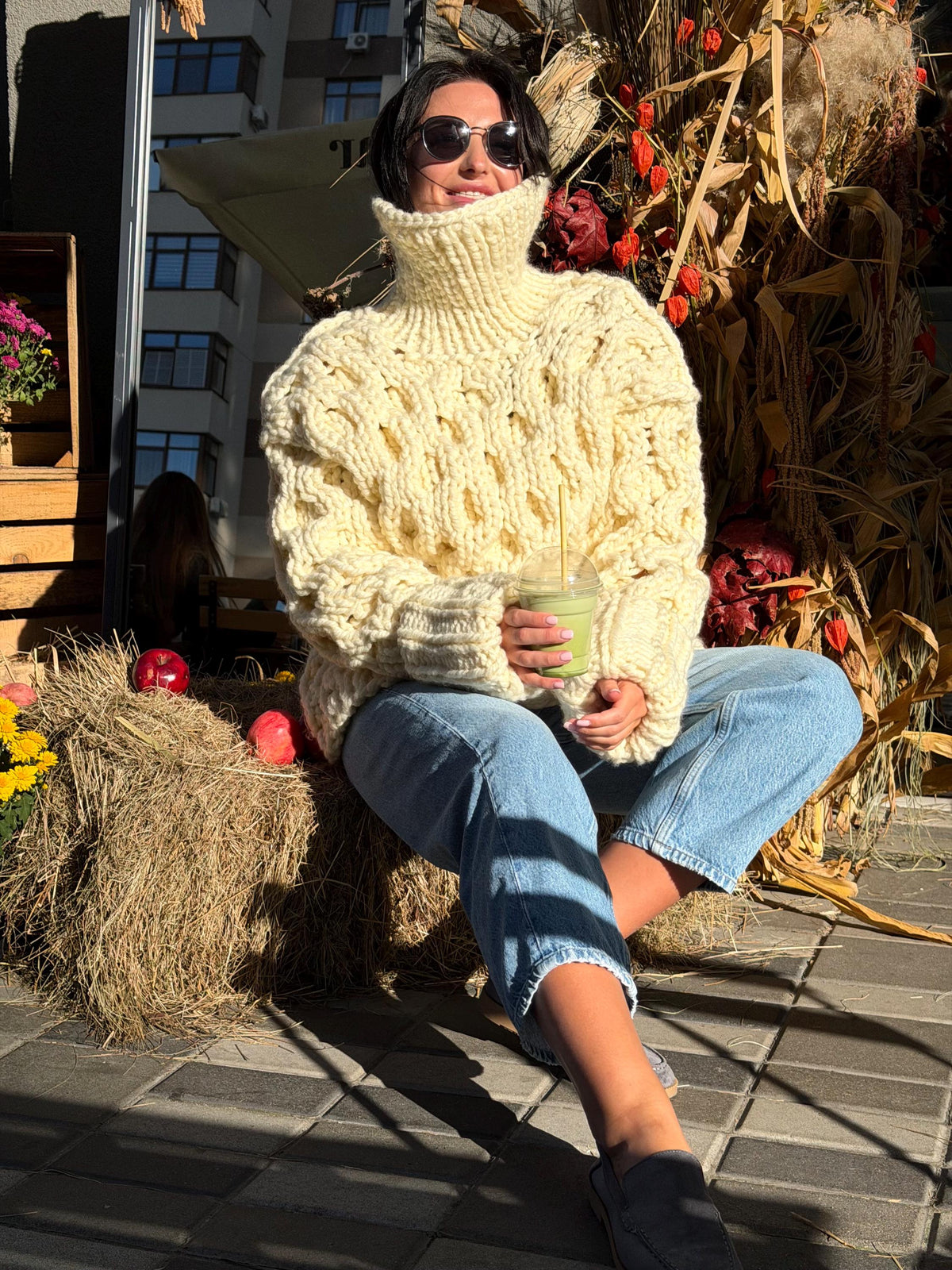 Large chunky hand knit alpaca sweater turtleneck Oversized wool pastel pullover Cozy winter warm cable knitted jumper Fall fashion clothing