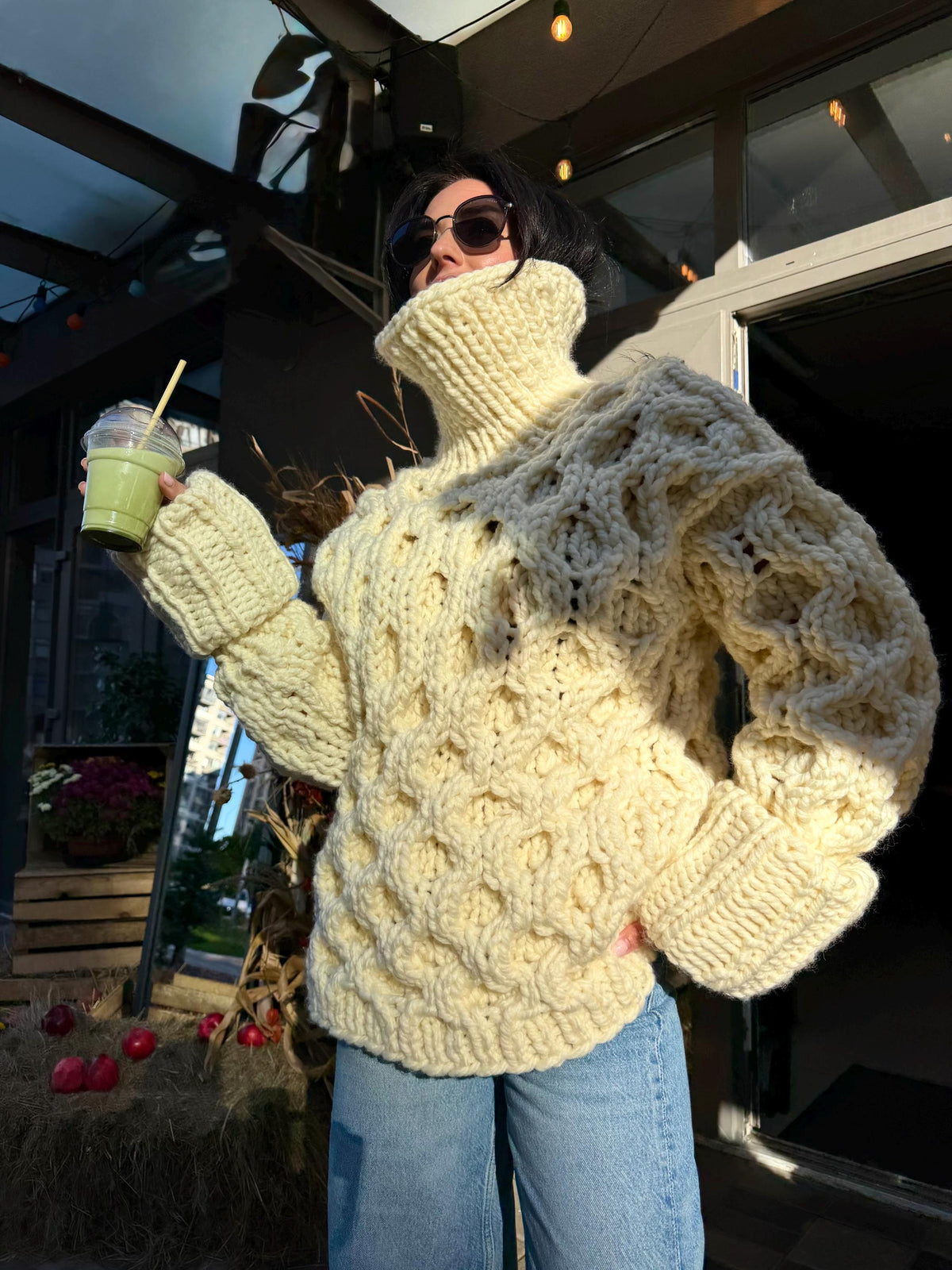 Large chunky hand knit alpaca sweater turtleneck Oversized wool pastel pullover Cozy winter warm cable knitted jumper Fall fashion clothing