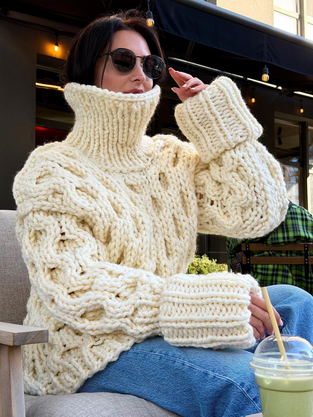 Large chunky hand knit alpaca sweater turtleneck Oversized wool pastel pullover Cozy winter warm cable knitted jumper Fall fashion clothing