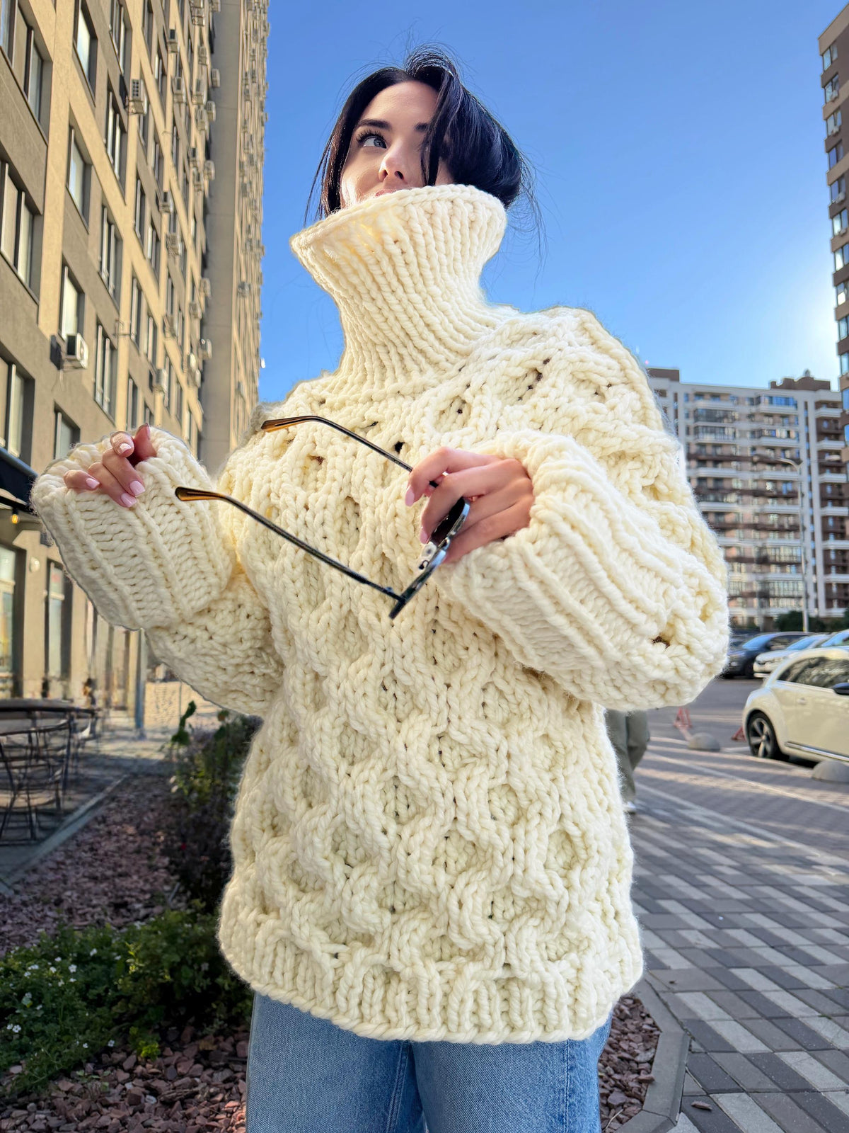 Large chunky hand knit alpaca sweater turtleneck Oversized wool pastel pullover Cozy winter warm cable knitted jumper Fall fashion clothing
