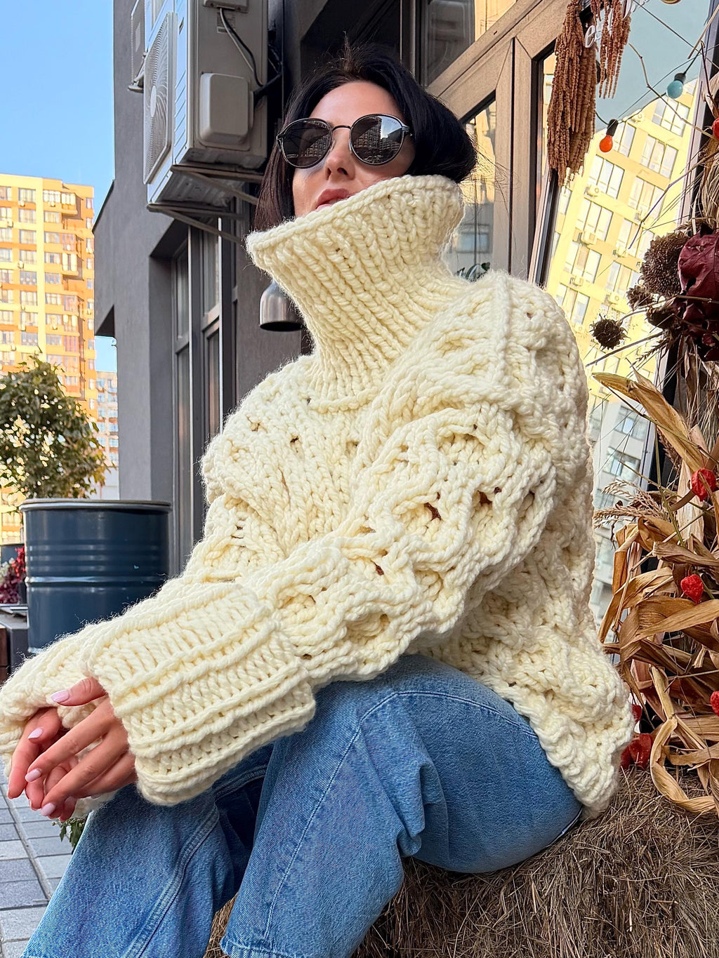 Large chunky hand knit alpaca sweater turtleneck Oversized wool pastel pullover Cozy winter warm cable knitted jumper Fall fashion clothing