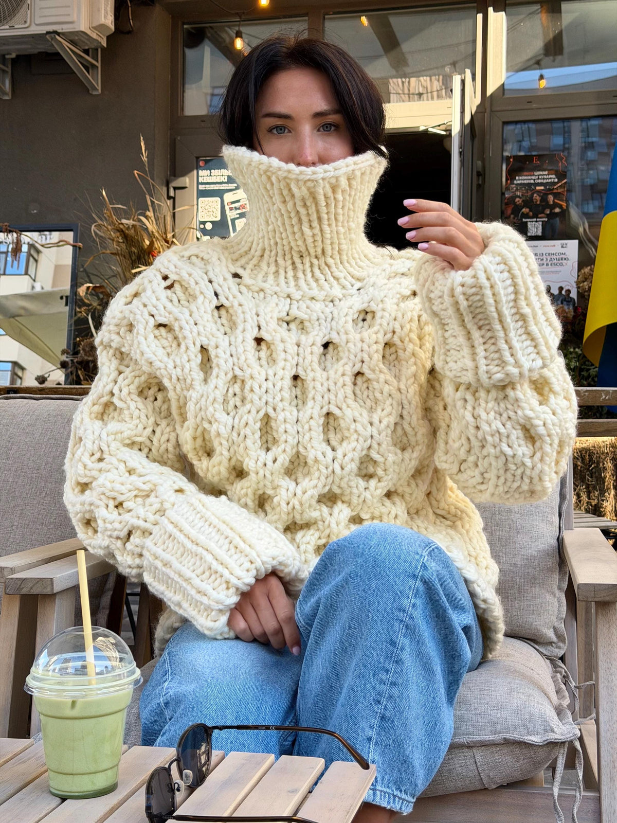 Large chunky hand knit alpaca sweater turtleneck Oversized wool pastel pullover Cozy winter warm cable knitted jumper Fall fashion clothing
