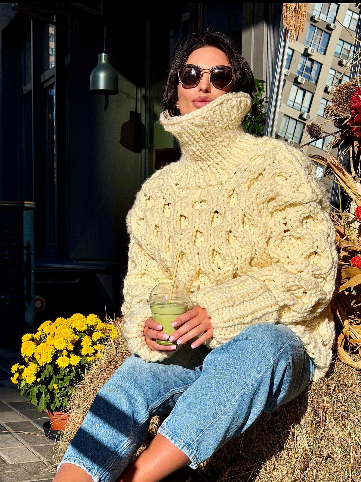 Large chunky hand knit alpaca sweater turtleneck Oversized wool pastel pullover Cozy winter warm cable knitted jumper Fall fashion clothing