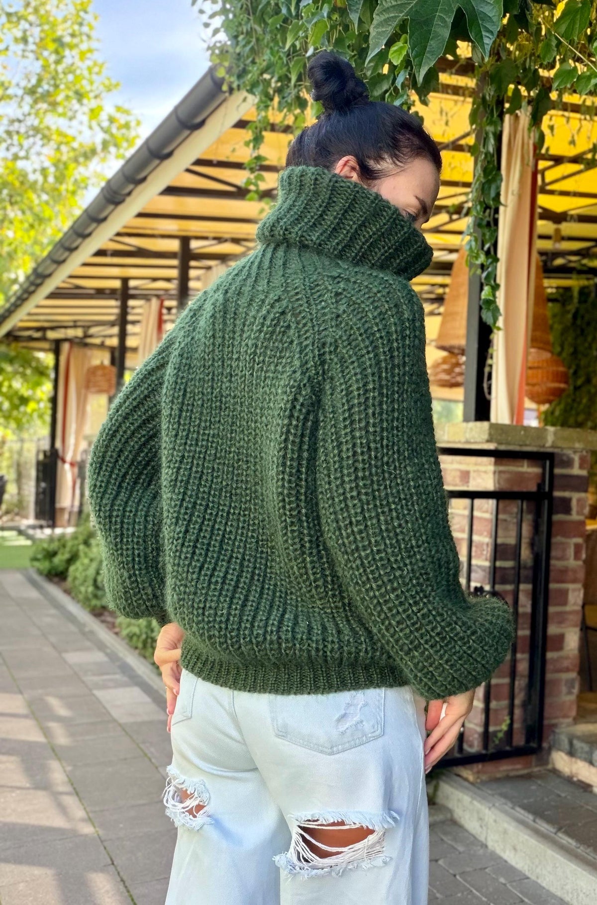 Mohair cable knit khaki sweater large turtleneck Hand knit fluffy chunky high collar oversized big wool pullover