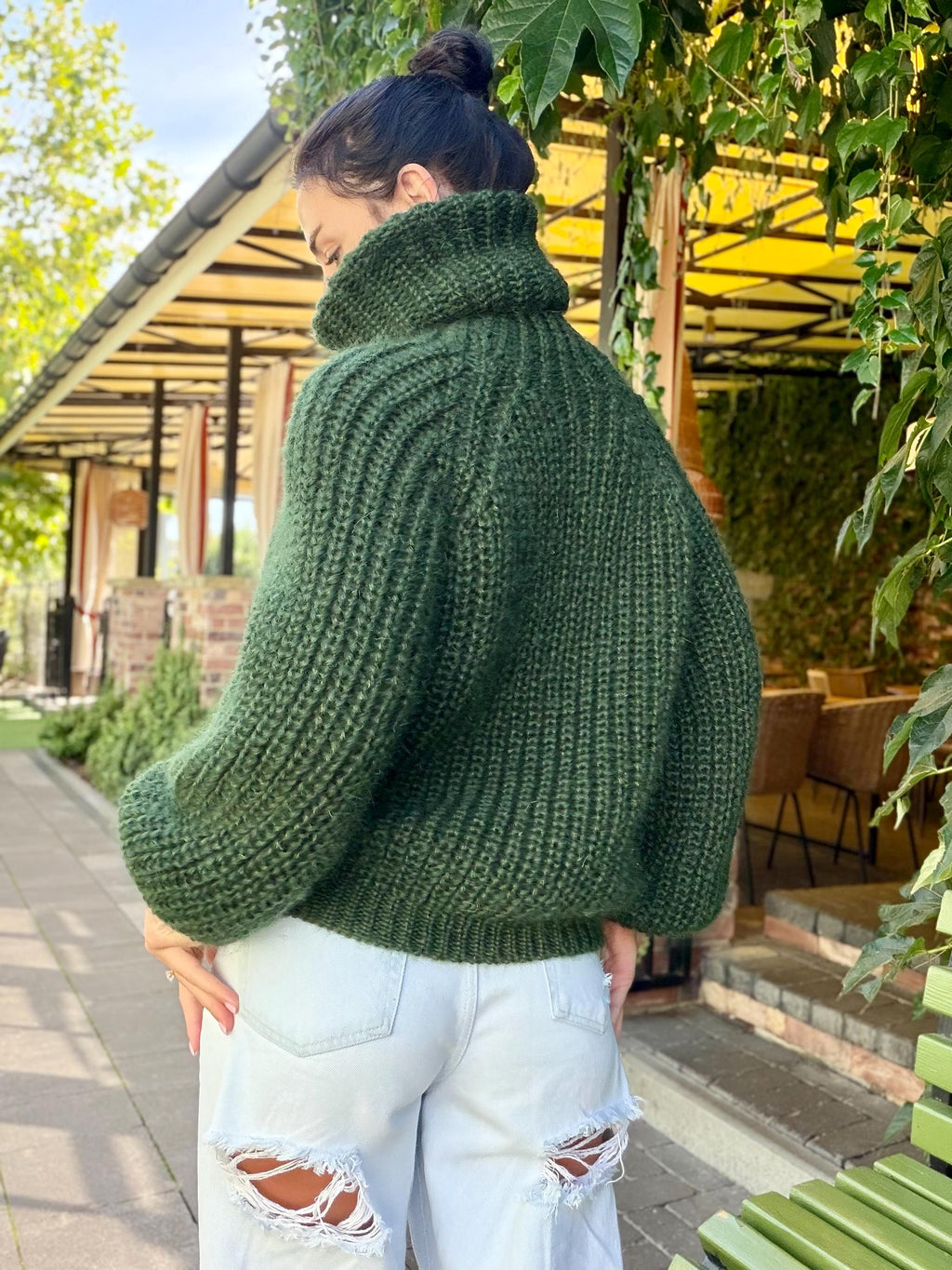Mohair cable knit khaki sweater large turtleneck Hand knit fluffy chunky high collar oversized big wool pullover