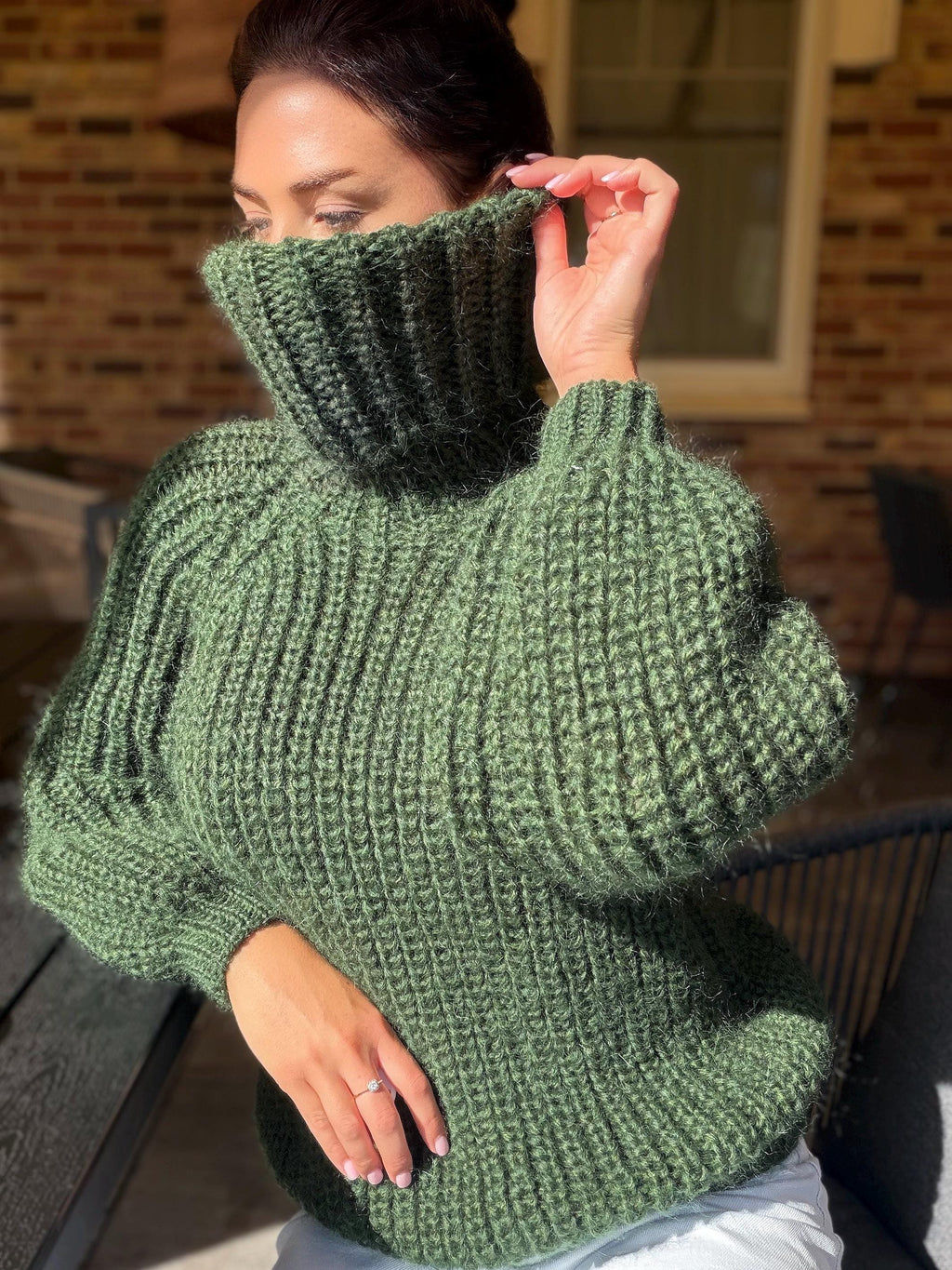 Mohair cable knit khaki sweater large turtleneck Hand knit fluffy chunky high collar oversized big wool pullover