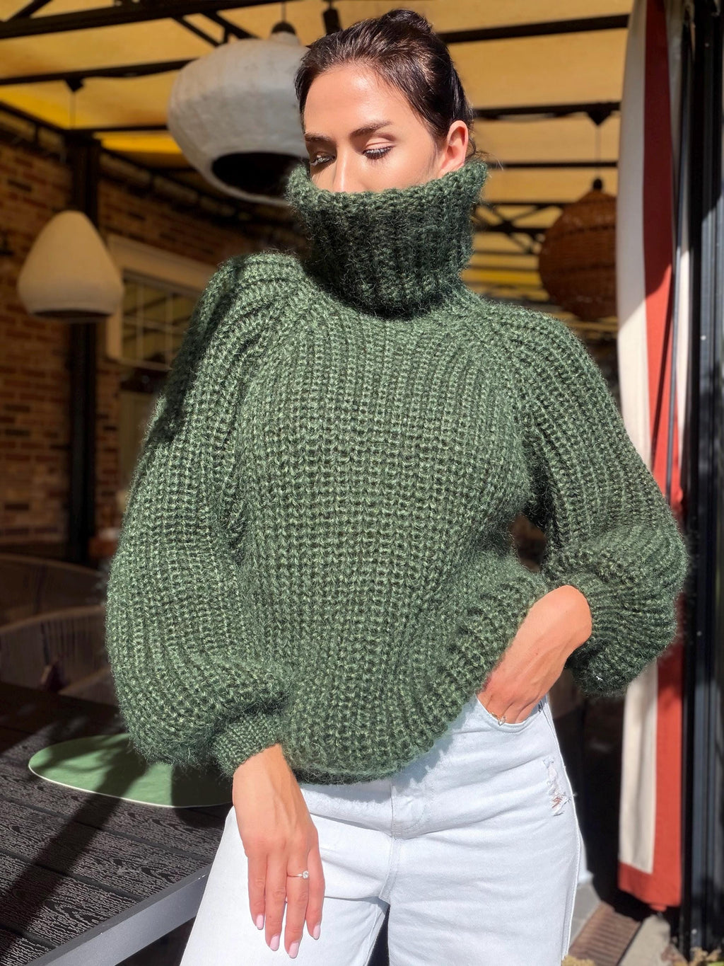 Mohair cable knit khaki sweater large turtleneck Hand knit fluffy chunky high collar oversized big wool pullover