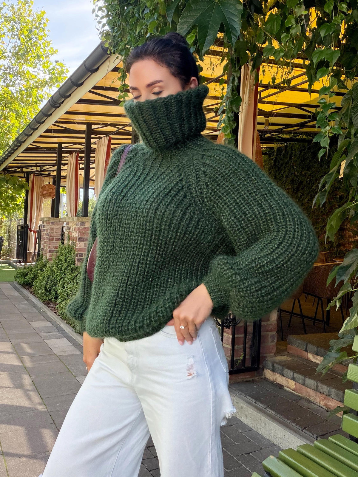 Mohair cable knit khaki sweater large turtleneck Hand knit fluffy chunky high collar oversized big wool pullover