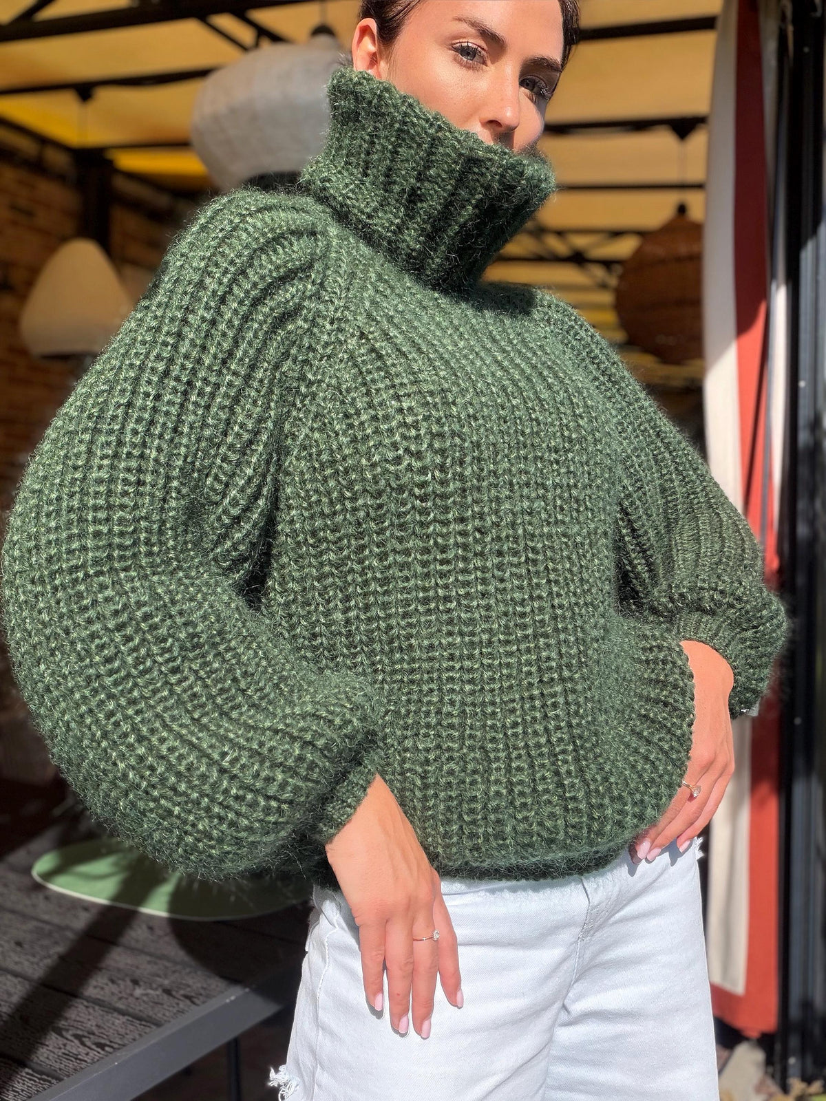 Mohair cable knit khaki sweater large turtleneck Hand knit fluffy chunky high collar oversized big wool pullover
