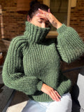 Mohair cable knit khaki sweater large turtleneck Hand knit fluffy chunky high collar oversized big wool pullover