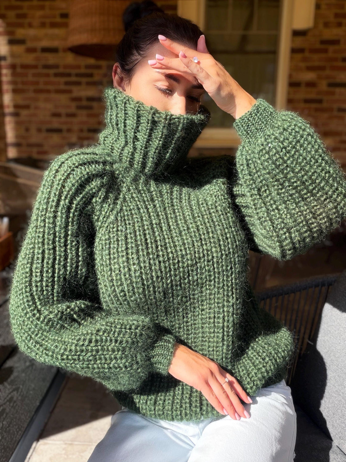 Mohair cable knit khaki sweater large turtleneck Hand knit fluffy chunky high collar oversized big wool pullover