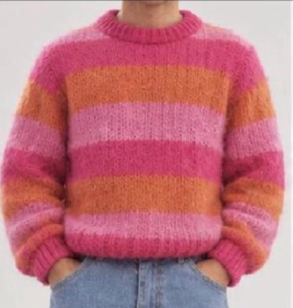 Hand knit oversized knit soft merino wool Striped large pink Street style sweater Handmade Jumper Cozy Knitwear
