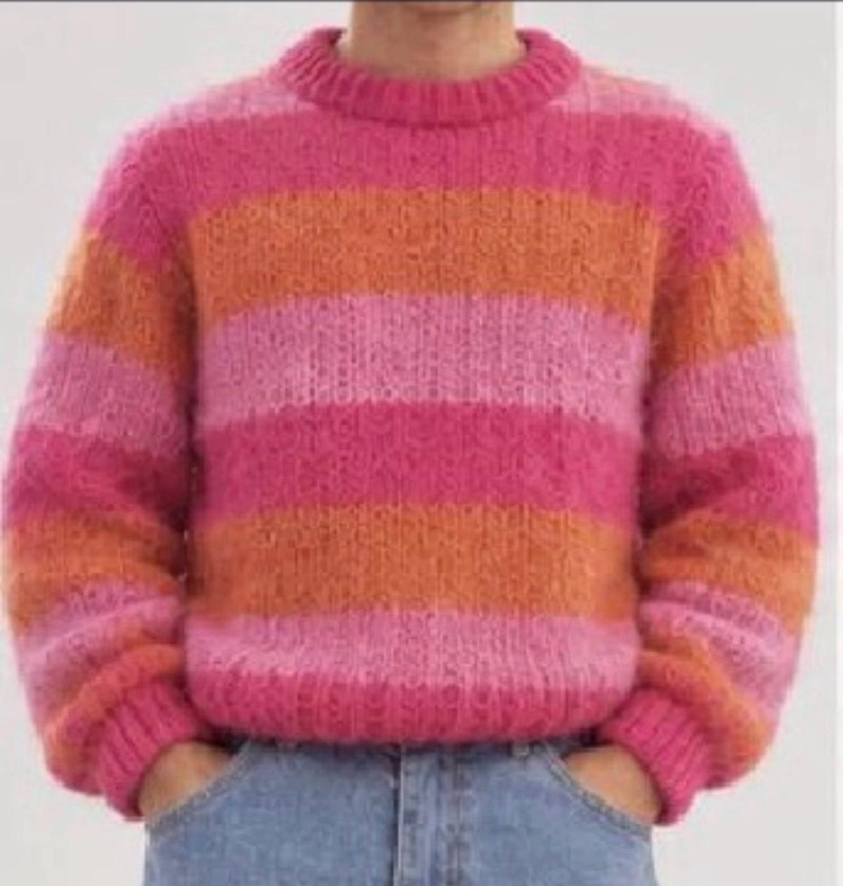 Hand knit oversized knit soft merino wool Striped large pink Street style sweater Handmade Jumper Cozy Knitwear