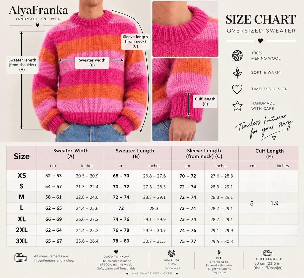 Hand knit oversized knit soft merino wool Striped large pink Street style sweater Handmade Jumper Cozy Knitwear