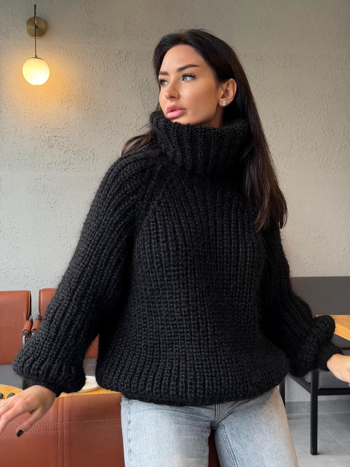 Mohair cable knit black hand knit sweater large turtleneck Gender-Neutral Adult Pullover Fluffy chunky high collar oversized big sweater