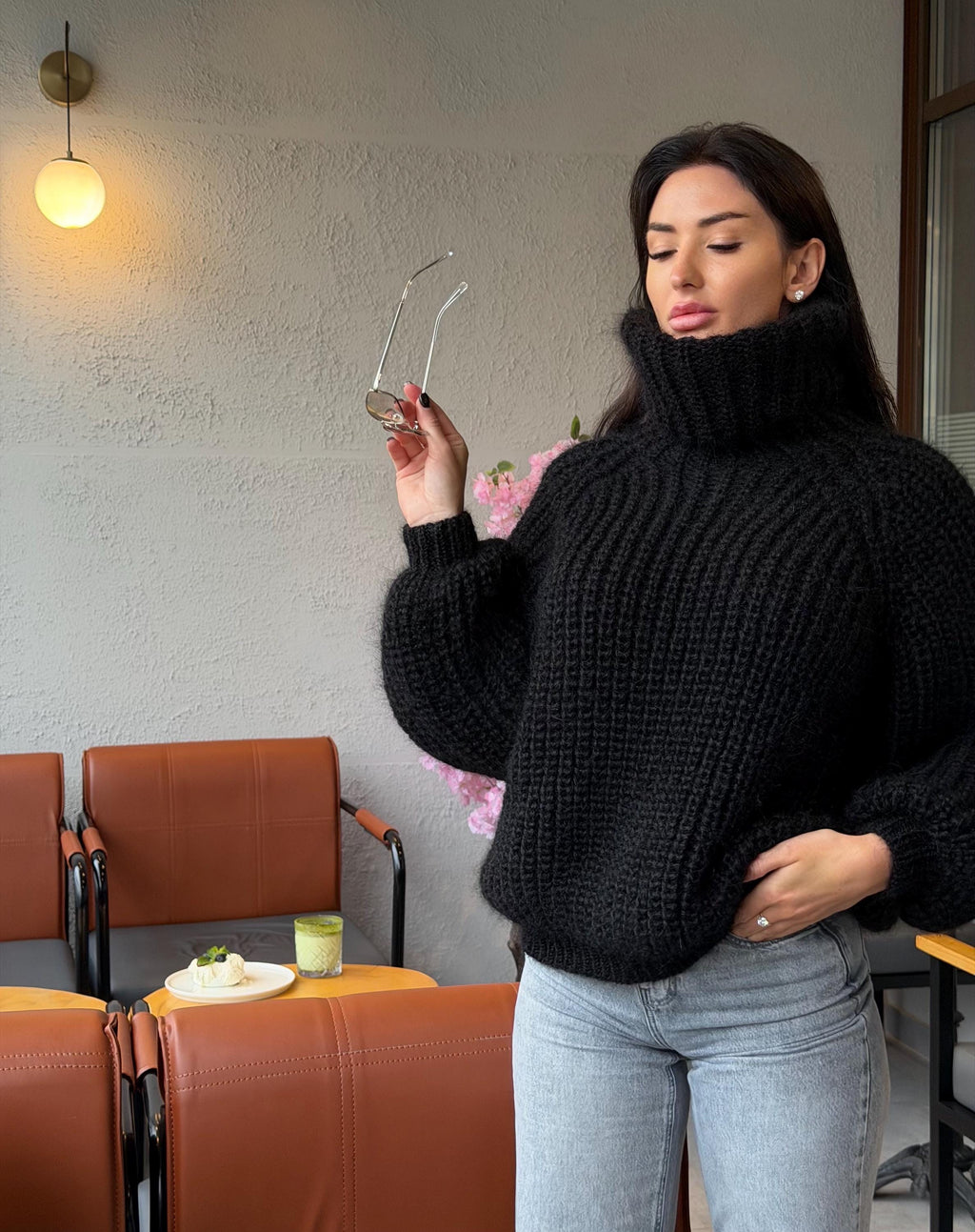 Mohair cable knit black hand knit sweater large turtleneck Gender-Neutral Adult Pullover Fluffy chunky high collar oversized big sweater