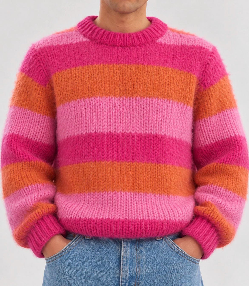 Hand knit oversized knit soft merino wool Striped large pink Street style sweater Handmade Jumper Cozy Knitwear