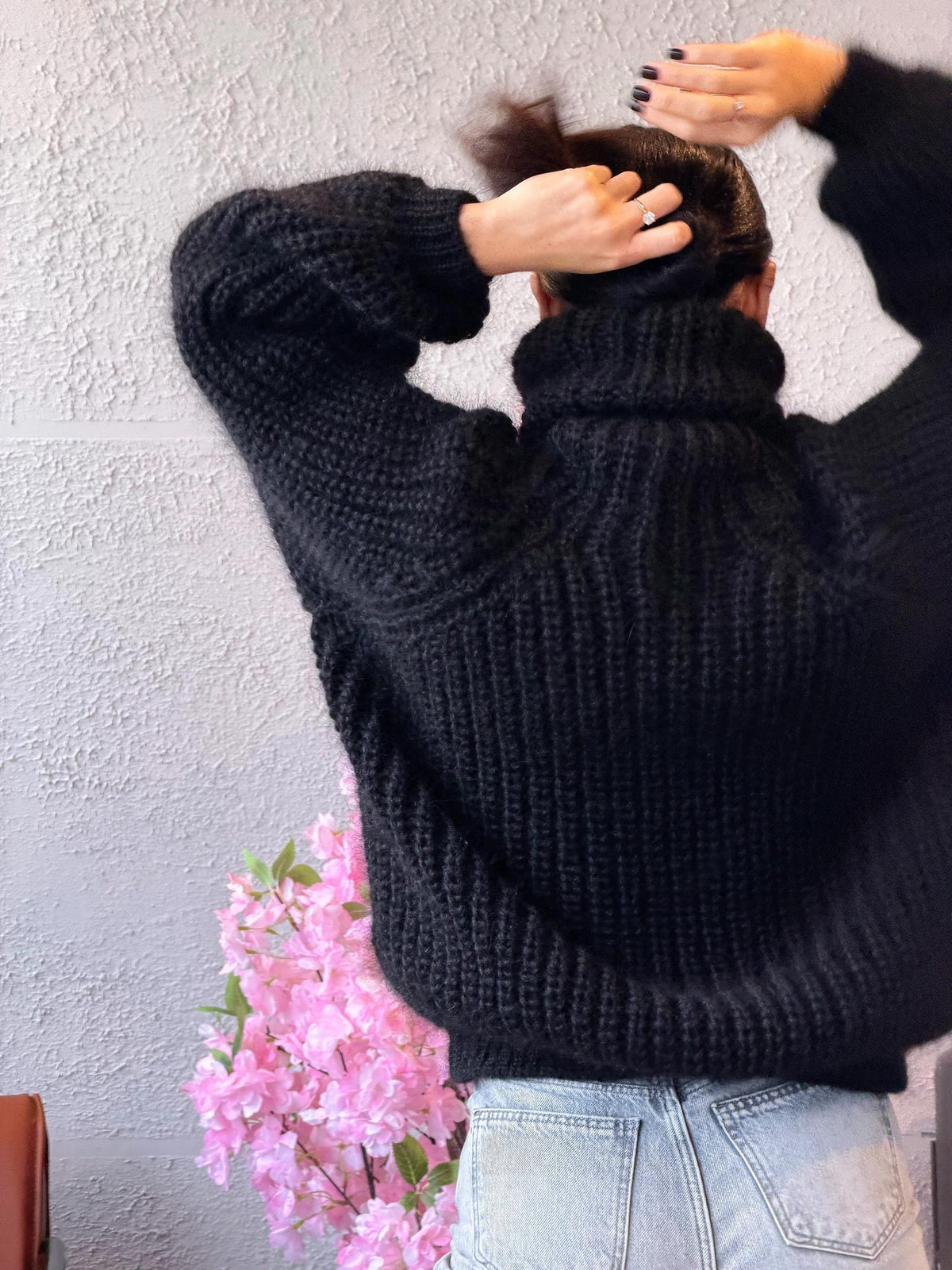 Mohair cable knit black hand knit sweater large turtleneck Gender-Neutral Adult Pullover Fluffy chunky high collar oversized big sweater