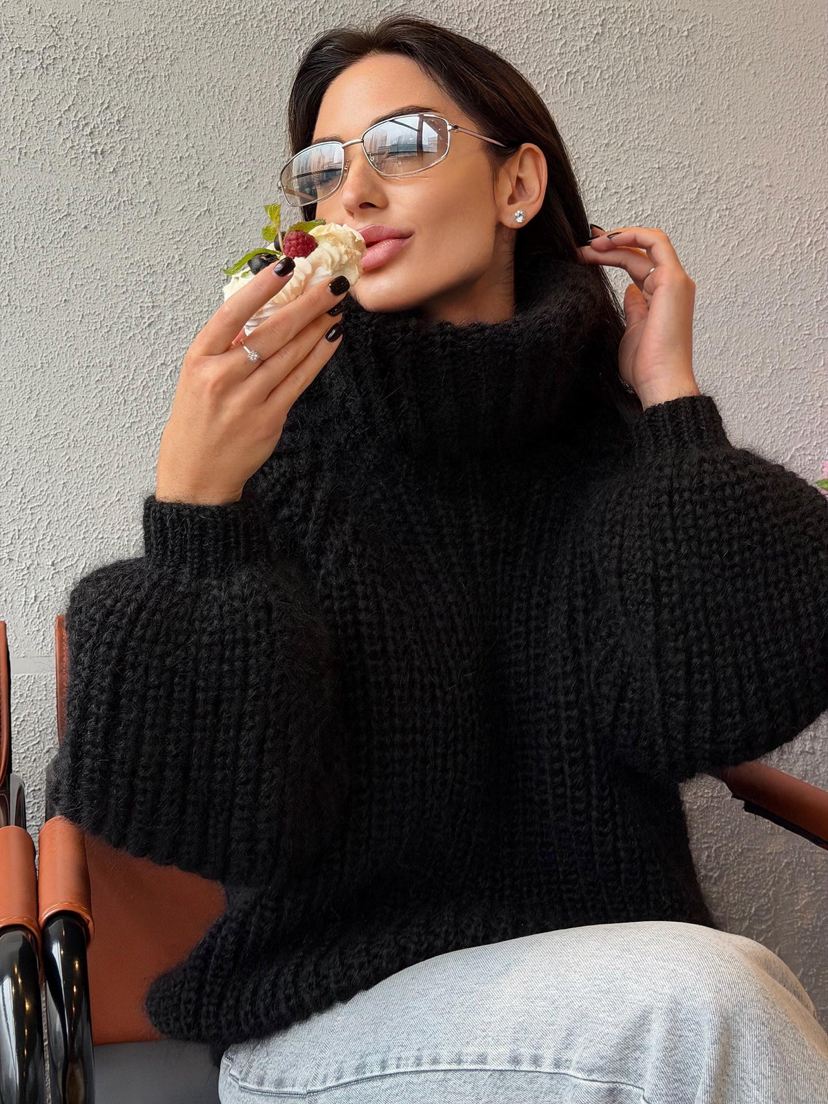 Mohair cable knit black hand knit sweater large turtleneck Gender-Neutral Adult Pullover Fluffy chunky high collar oversized big sweater