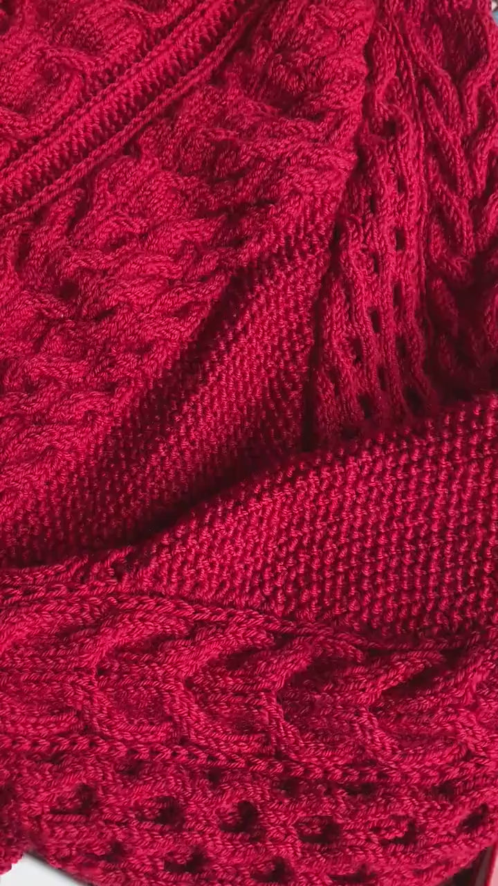 Cable knit red sweater Chunky knit merino wool sweater women One shoulder sweater Hand Knitted cotton Jumper Warm & Cosy pullover
