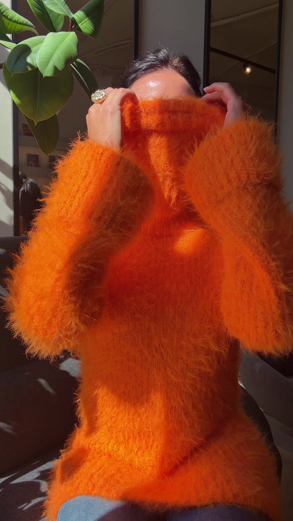 Orange large hand knit fluffy merino wool  turtleneck sweater High collar long soft chunky knit sweater dress Chunky knit big pullover