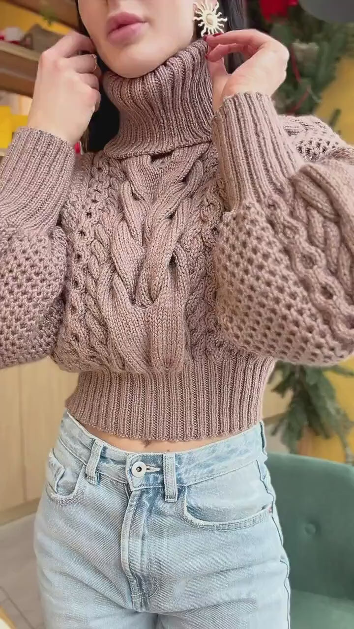 Hand knit cropped merino wool cable knit light brown beige sweater turtleneck Puff sleeves high collar Chunky knitted Pullover Womens