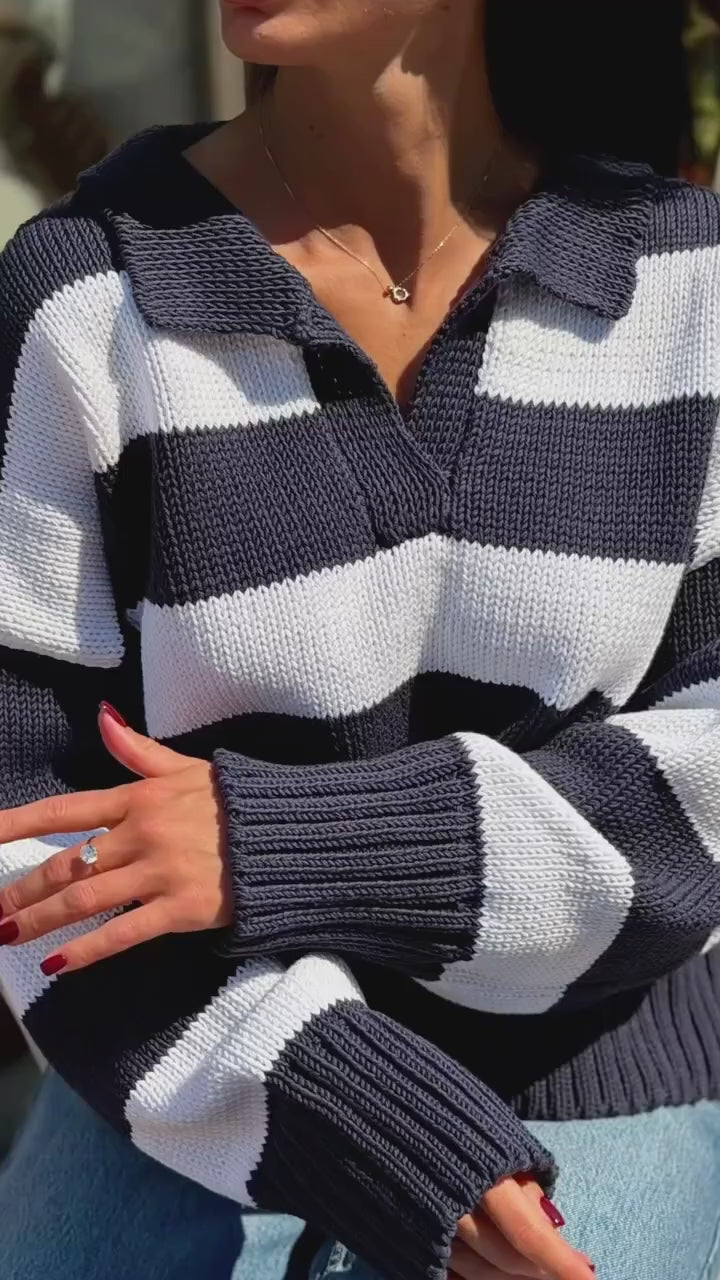 Soft Organic Cotton Oversized Polo Sweater Striped Knit gender neutralPullover Handmade Navy White Jumper Cozy Slouchy Knitwear Preppy Style