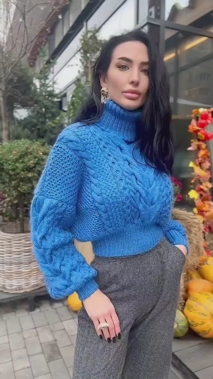 Blue сropped merino wool sweater Chunky cable knit turtleneck Aran Braided oversized high collar pullover Hand knit crop jumper