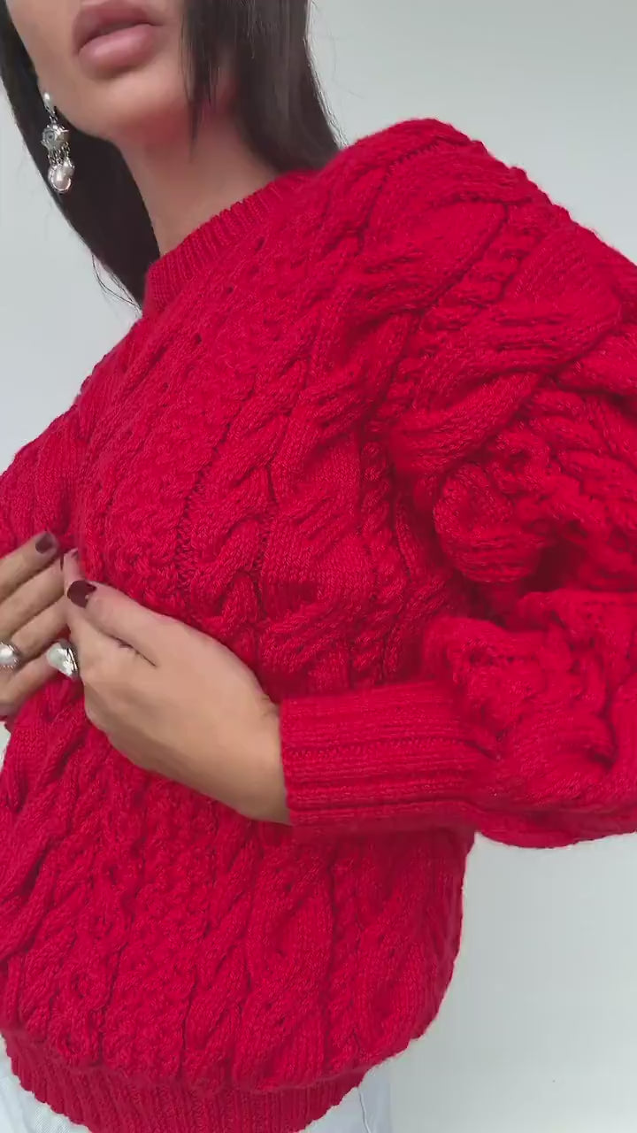 Chunky hand knit red wool Aran sweater women Knitted jumper 7/8 sleeve Cable knit Oversized pullover