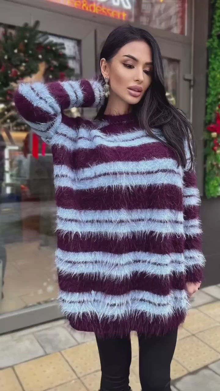 Merino wool soft light blue burgundy grape hand knit big striped sweater dress For sensitive skin pullover Fluffy body friendly sweater