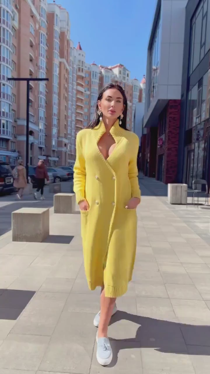Yellow midi wool knit large cardigan on buttons Cocoon knit midi V-neck high collar coat hand knit cardigan womens