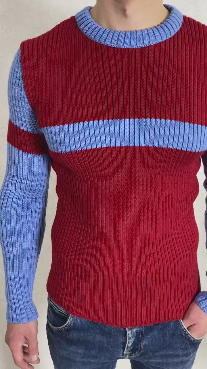 Hand knit mens sweater Men's turtleneck  Blue red mens knitted sweater Men’s striped sweater gift for bestie Ribbed turtleneck sweater