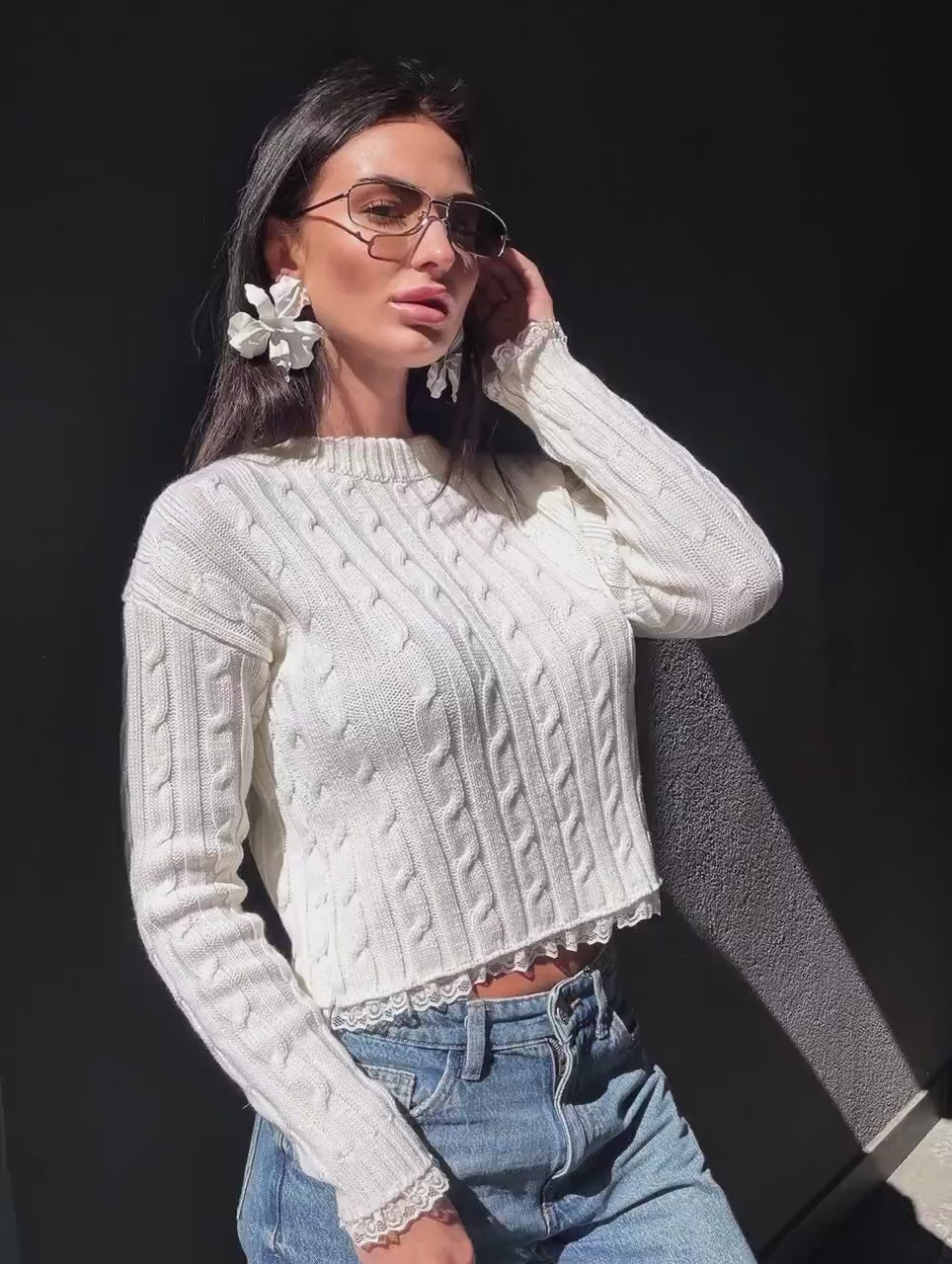 Knit cropped white milk sweater - top with slit on the back & delicate lace Cable knit wool spring pullover Oversize crop Cream Ivory