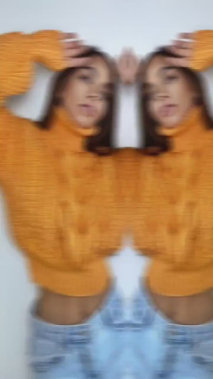 Crop hand knitted orange sweater Chunky Knit Turtleneck Oversized  Pullover Women's Cable knit Jumper merino wool winter sweater