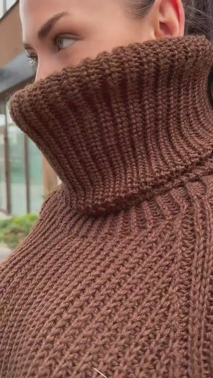 Custom - hand knit wool brown chocolate big collar long sweater large turtleneck Cable Knit Pastel wool pullover Chunky knit sweater dress