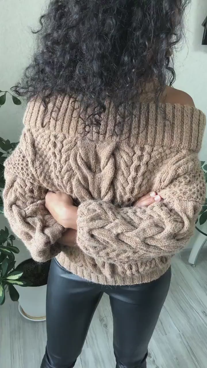 Brown pastel hand knit alpaca merino sweater Open should Cable knit sweater Chunky Oversized sweater Braid sweater chunky knit/gift for her