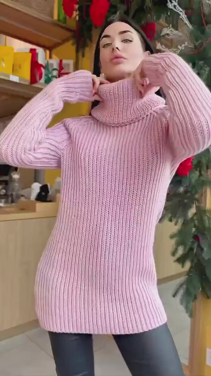 Merino wool hand knit pink Large Turtleneck - Sweater Big high collar unisex Cable Knit wool pullover Womens Chunky knit sweater dress