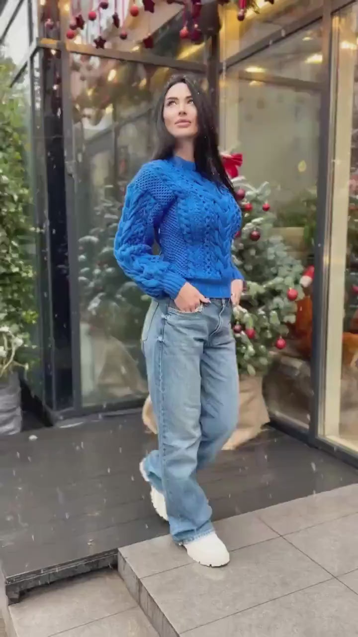 Hand knitted royal blue Aran merino wool sweater for women Cable knit braids jumper Loose knit pullover Chunky knit braids pullover