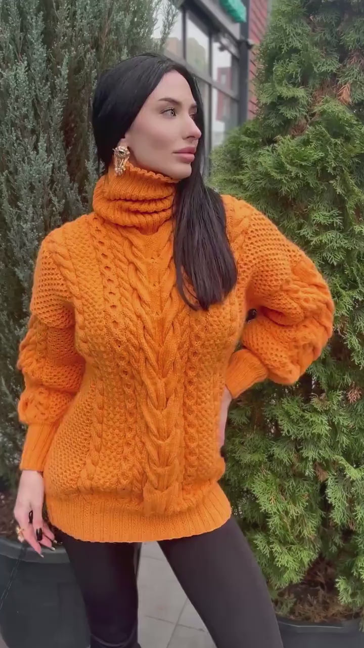Aran long hand knitted orange merino merino wool sweater dress Turtleneck cable knit pullover women Сhunky knit big sweater