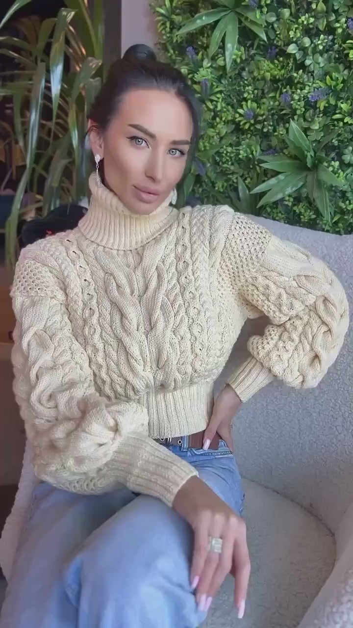 Cropped wool aran cream milk pastel hand knitted sweater Chunky Knit Turtleneck Oversiz Pullover Womens Cable knit merino wool winter jumper