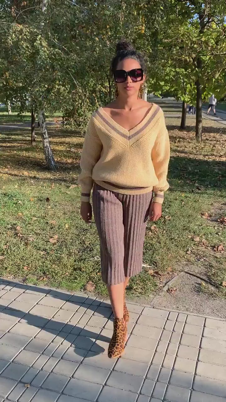 Knitted beige set sweater pants/Pleated Pants/Cream Cable/Knit Set Suit/Two Piece/knit Sweater/Culottes/pleated/beige set/wide pants