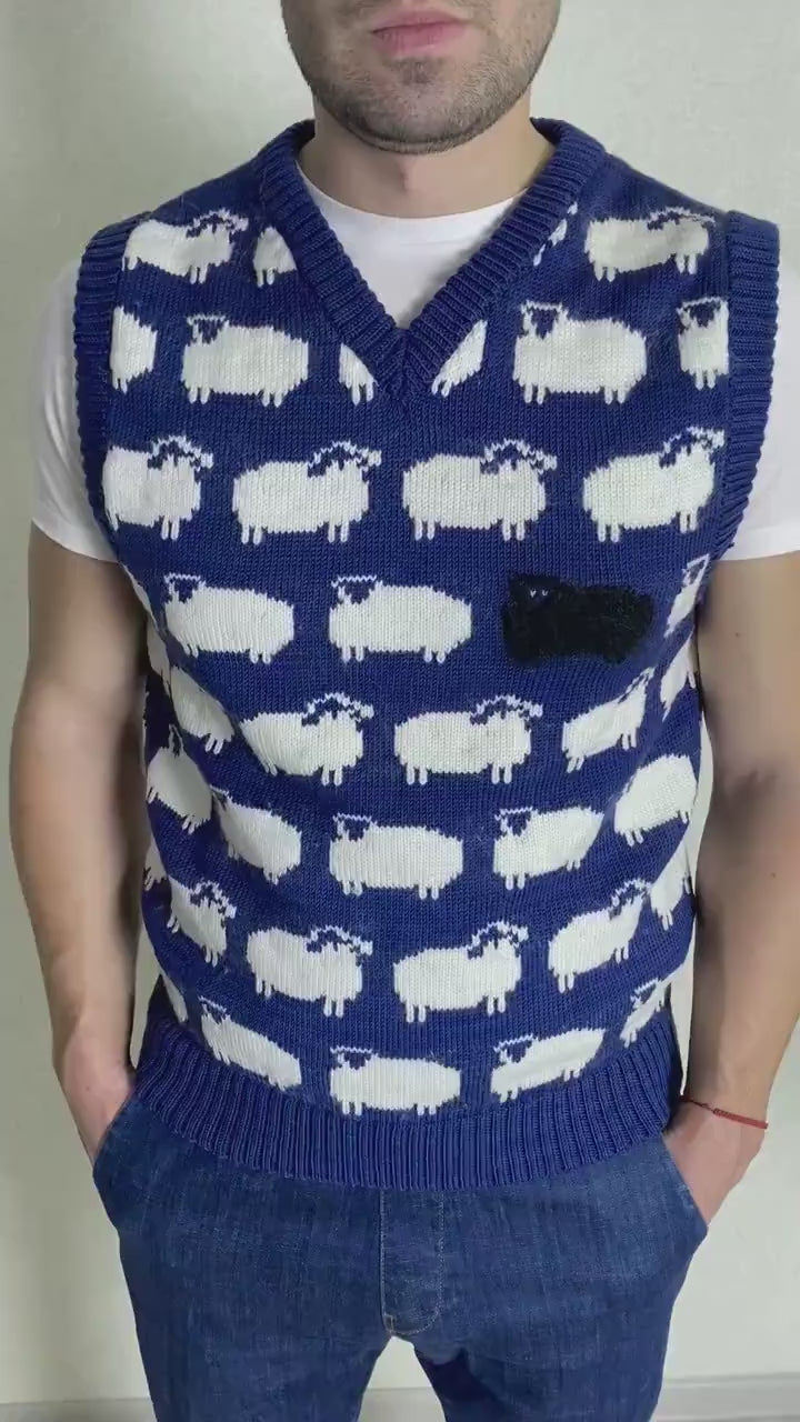 Blue knitted vest white black sheep for men Knit merino cable knit sweater vest white sheep Sleeveless jacket men’s wool Gift for him