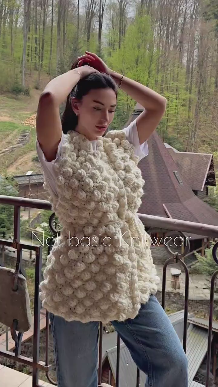 Chunky alpaca wool crochet vest handmade belted vest milk white knitwear textured women vest cozy statement piece