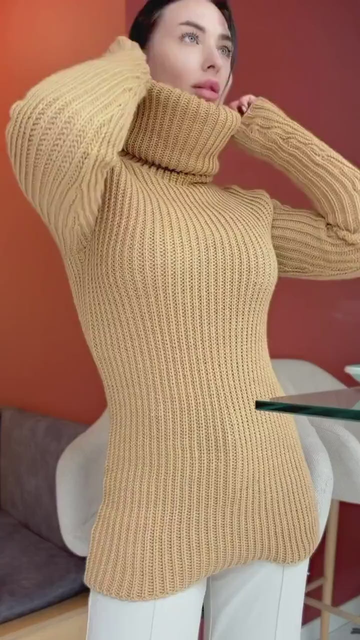 Large hand knit caramel merino wool beige turtleneck sweater dress Knit wool pullover high collar Womens Chunky knit sweater dress